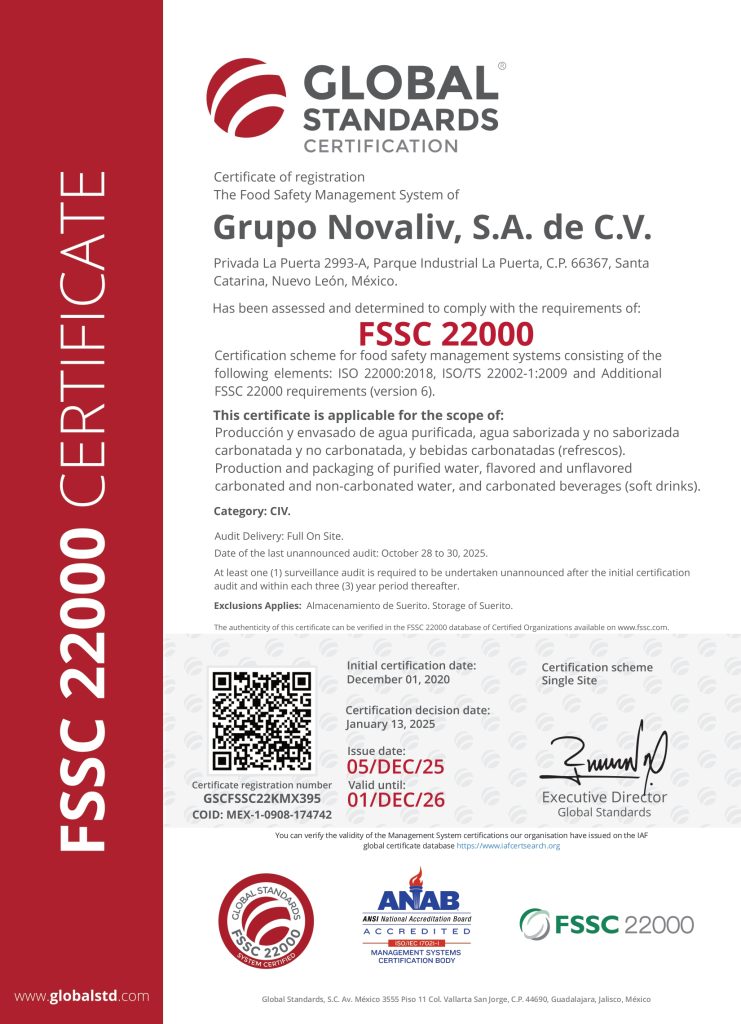 certificacion fssc 22000 en produccion de bebidas novaliv